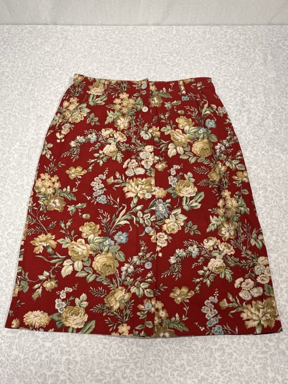 Vintage Cherry Red Skirt Floral Maxi Button Front Orvis Linen Blend Size 6 USA